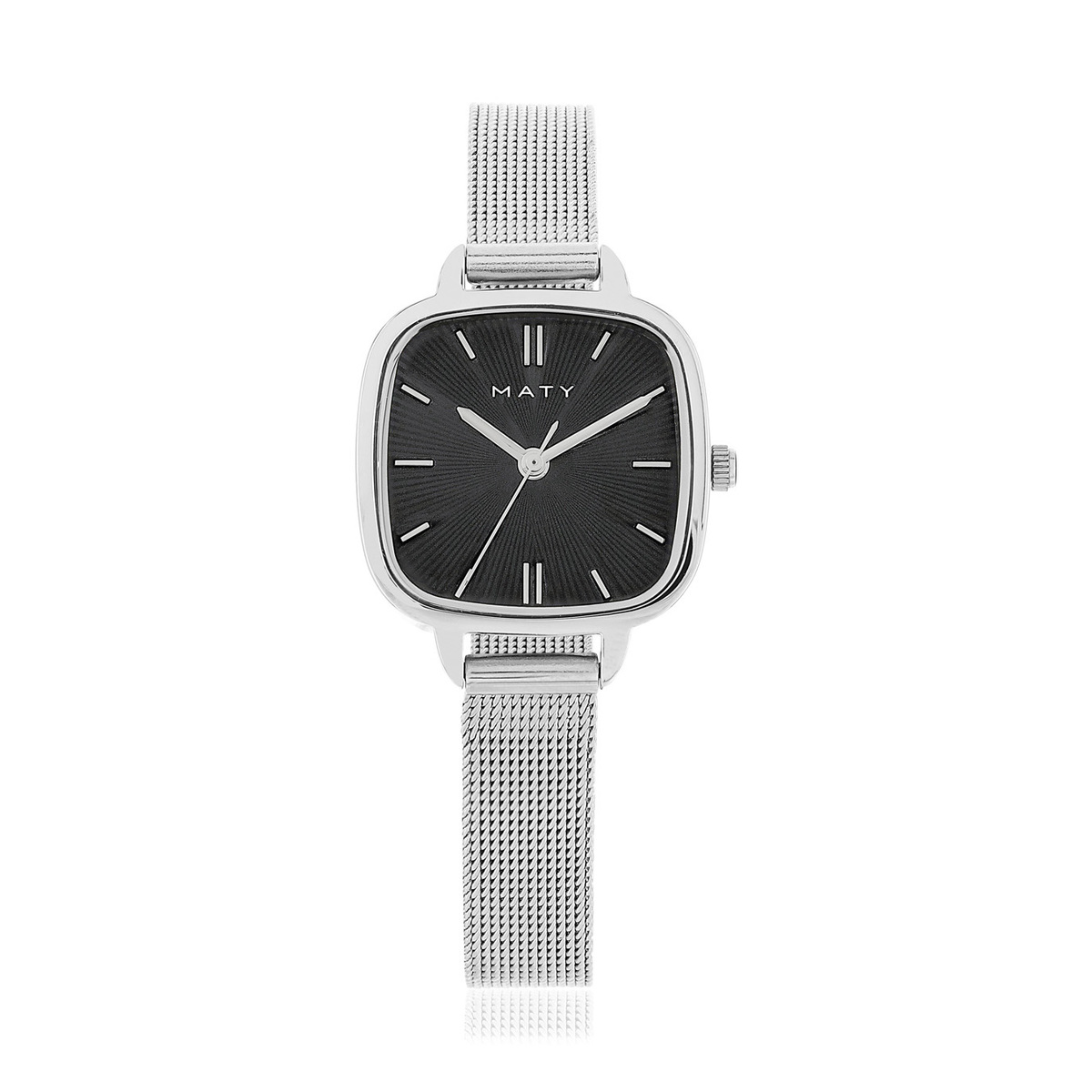 Montre femme chromée carrée bracelet maille milanaise