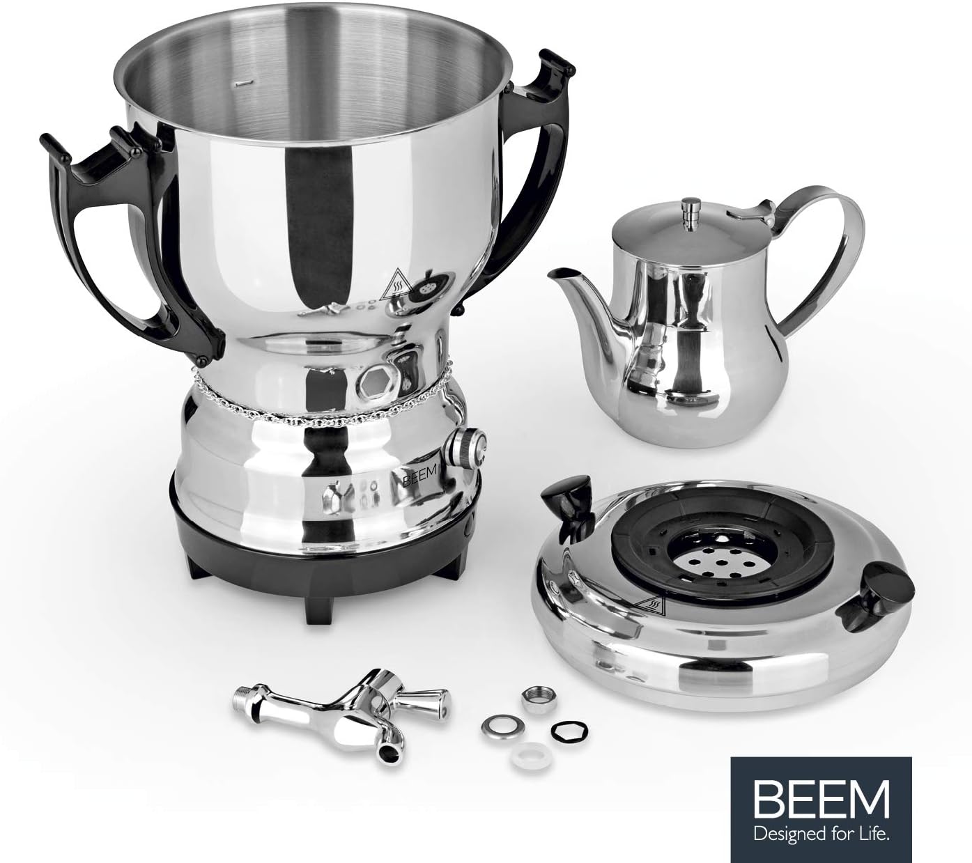BEEM TEA-CLASSIC Samowar - 3L | Edelstahl / Schwarz | großer Teekocher auch für Gastrobetriebe | Mit Edelstahl-Ablasshahn | Stufenlos einstellbarer Temperaturregler | Mit 1 L Teekanne