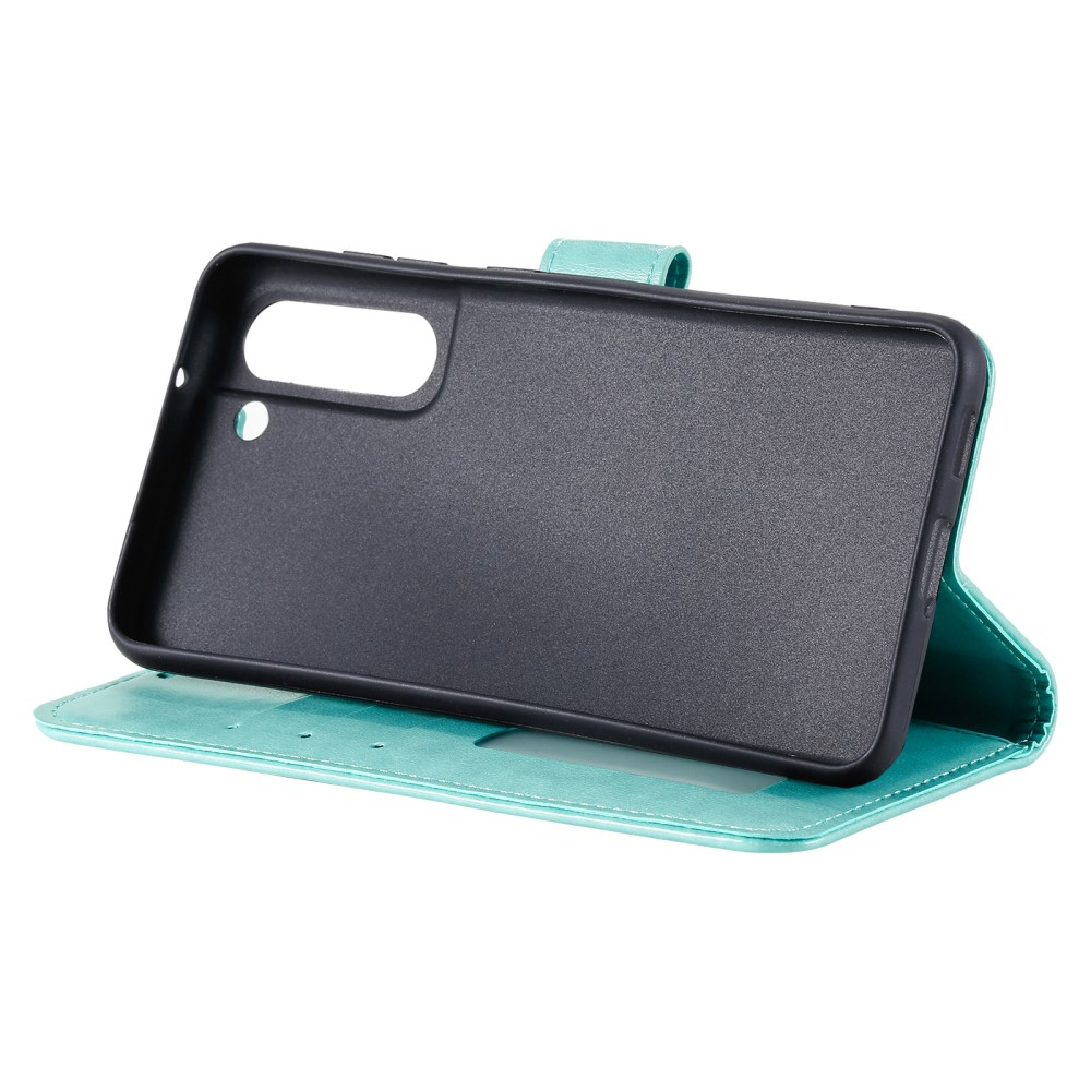 Samsung Galaxy S21 FE 5G Leder Tasche Wallet - Mandala Flowers Imprint - Türkis