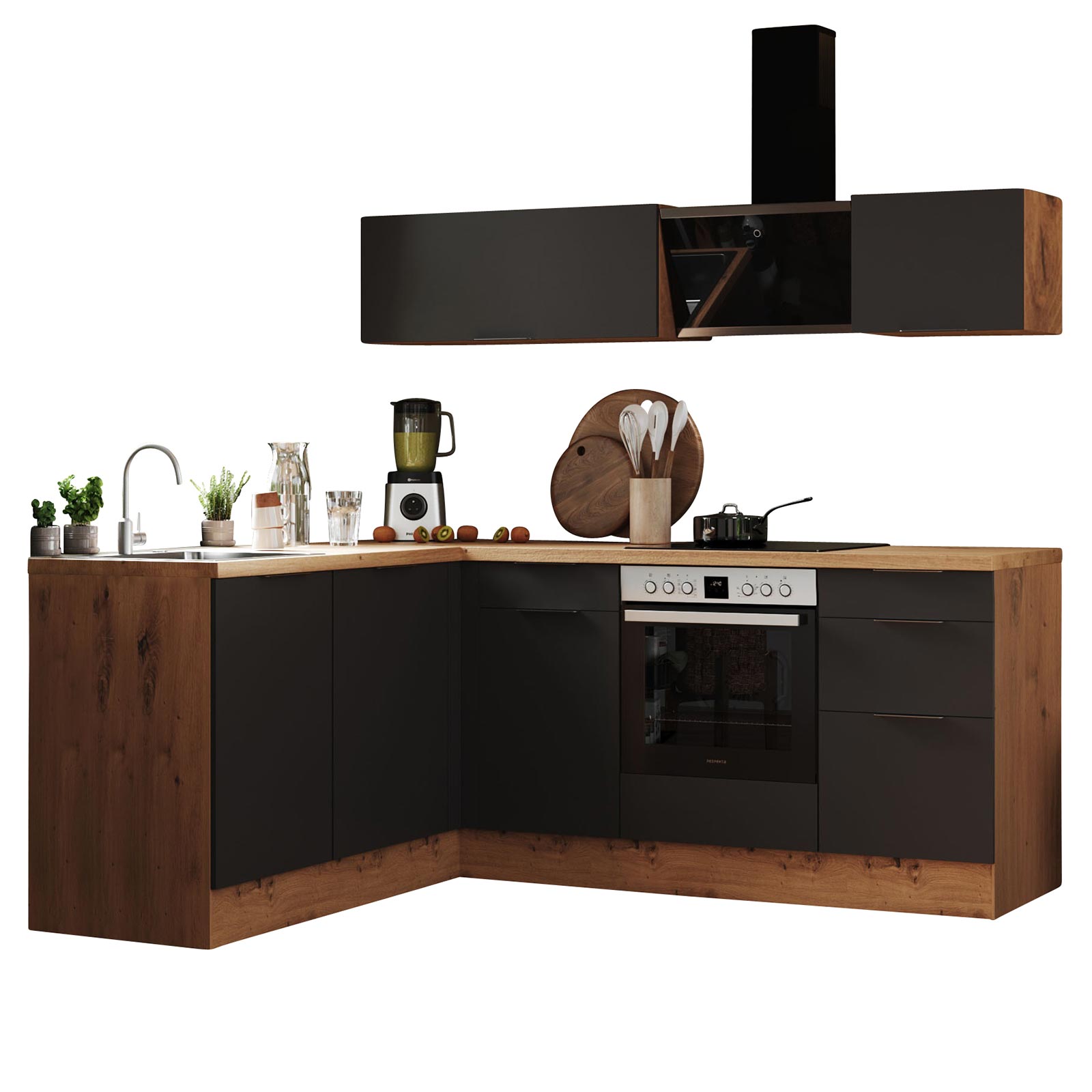 RESPEKTA Winkelküche - grau matt - Artisan Eiche - mit E-Geräten - 220x175 cm