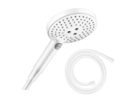 Pommeau de douche HANSGROHE Raindance Select S EcoSmart 120 3 jets blanc mat + flexible de douche HANSGROHE Isiflex blanc mat 160 cm