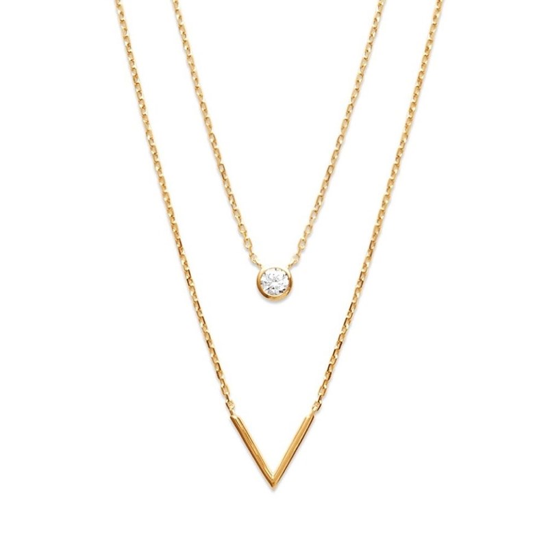 Collier 2 rangs forme V et oxyde de zirconium rond Plaqué OR 750 3 microns