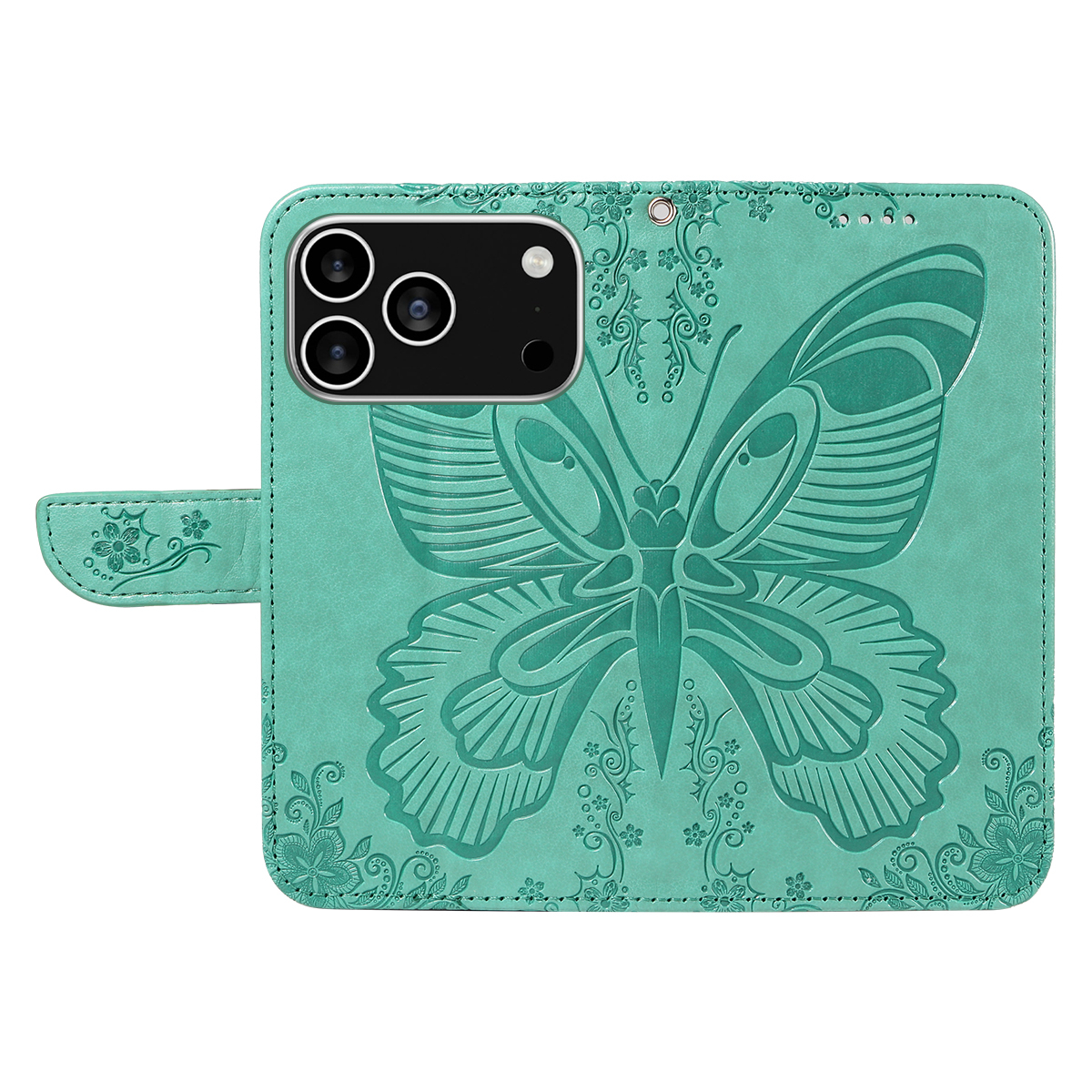 iPhone 17 Pro Leder Tasche Flip Cover Schmetterlinge Imprint - Türkis