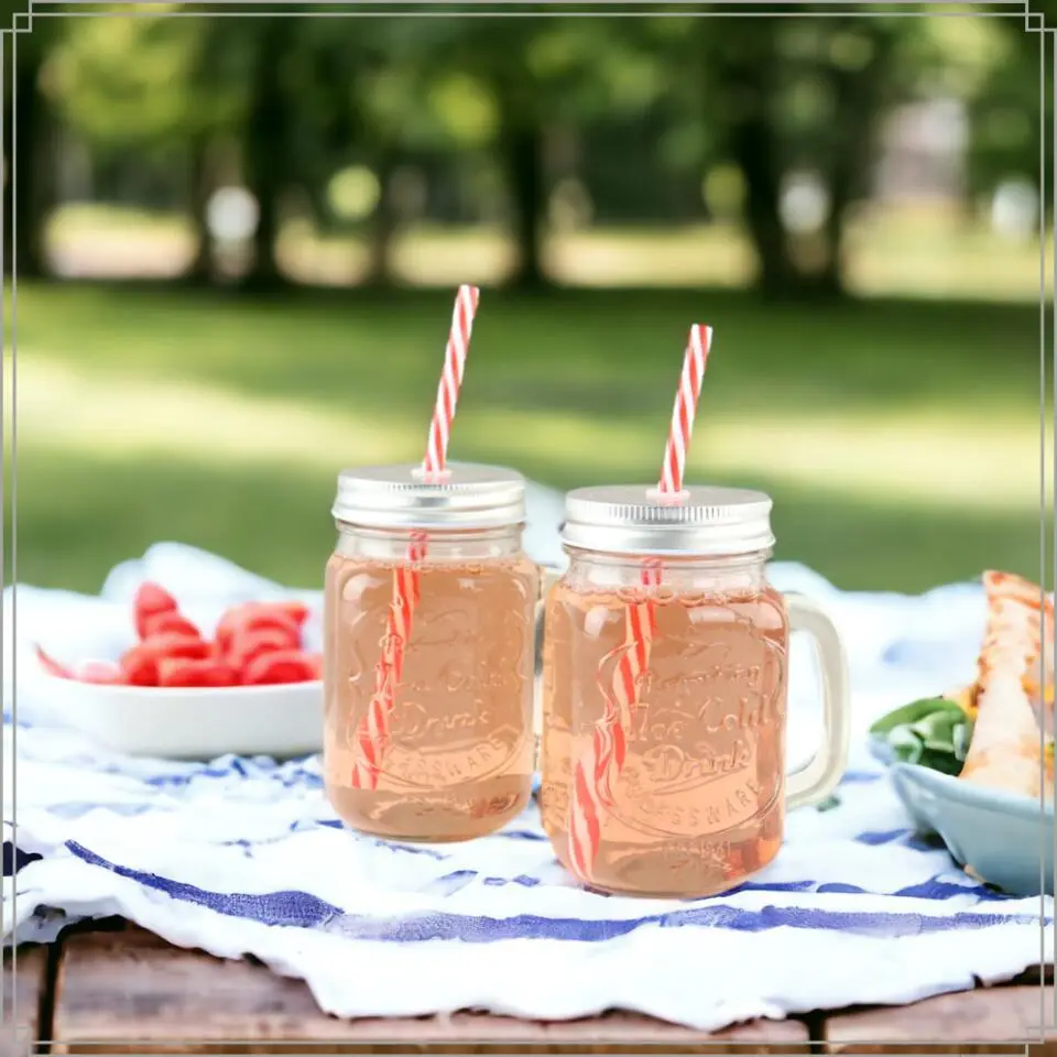 OTIX Mason jar Drinkbeker met Rietje Set van 8 Zilvere dop 450 ml