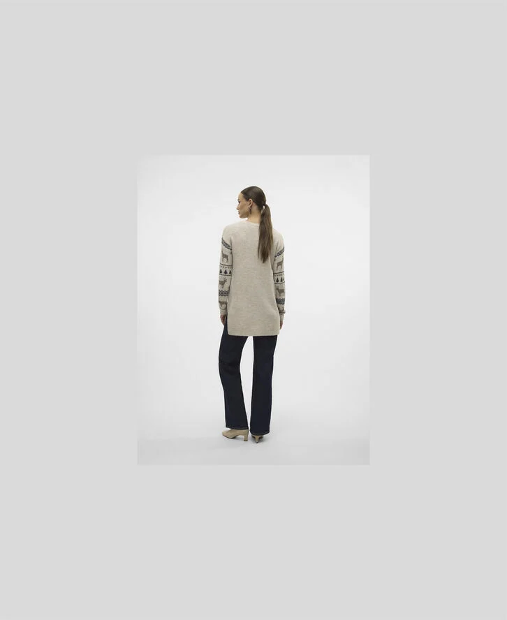 Vero Moda VMDEERS LS O-NECK H/L LONG PULL. XM Birch/w. brown lentil black