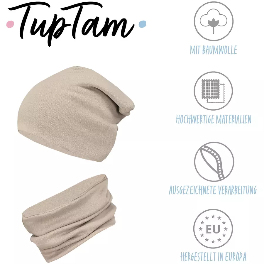 TupTam Unisex Kinder Beanie Mütze Schlauchschal Set beige Modell 1