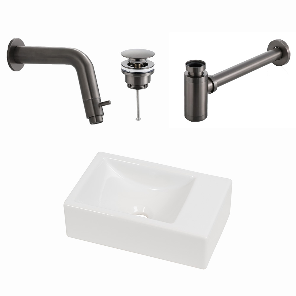Plieger Houston fonteinset met mat witte fontein rechts en gunmetal inbouwkraan