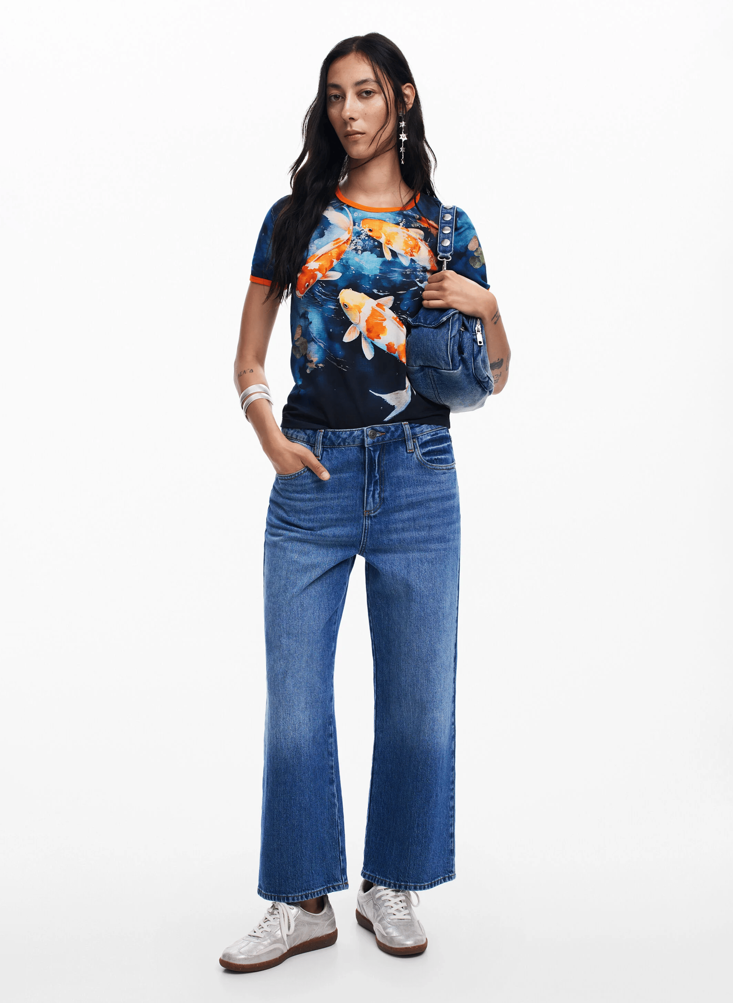 Tee-shirt manches courtes imprimé en coton mélangé | Bleu