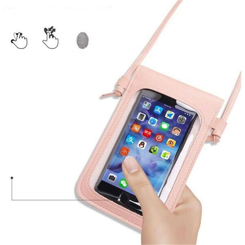 Universal Handy Leder Umhänge Tasche mit Sichtfenster (19x11cm) - Schwarz