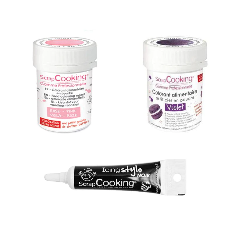 2 colorants alimentaires violet-rose poudré + Stylo glaçage noir Scrap