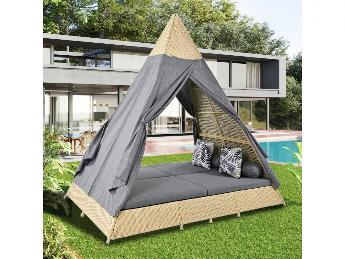 Salon de jardin en rotin - tente 2 à 4 personnes - avec rideau coussins et oreillers - amovible et lavable - 231x161x231cm