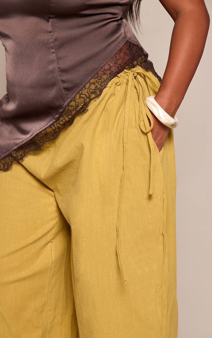Vert Olive Pantalon Large Grande Taille En Lin Premium Avec Détails Liens Sur Les Côtés
