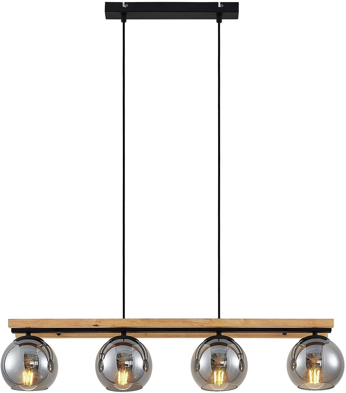 Lindby Esstisch Pendelleuchte Holz, Glas rauchgrau Hängeleuchte Rauchglas Esszimmer 4x E27 ohne Leuchtmittel Hängelampe Wohnzimmer Esszimmerlampe