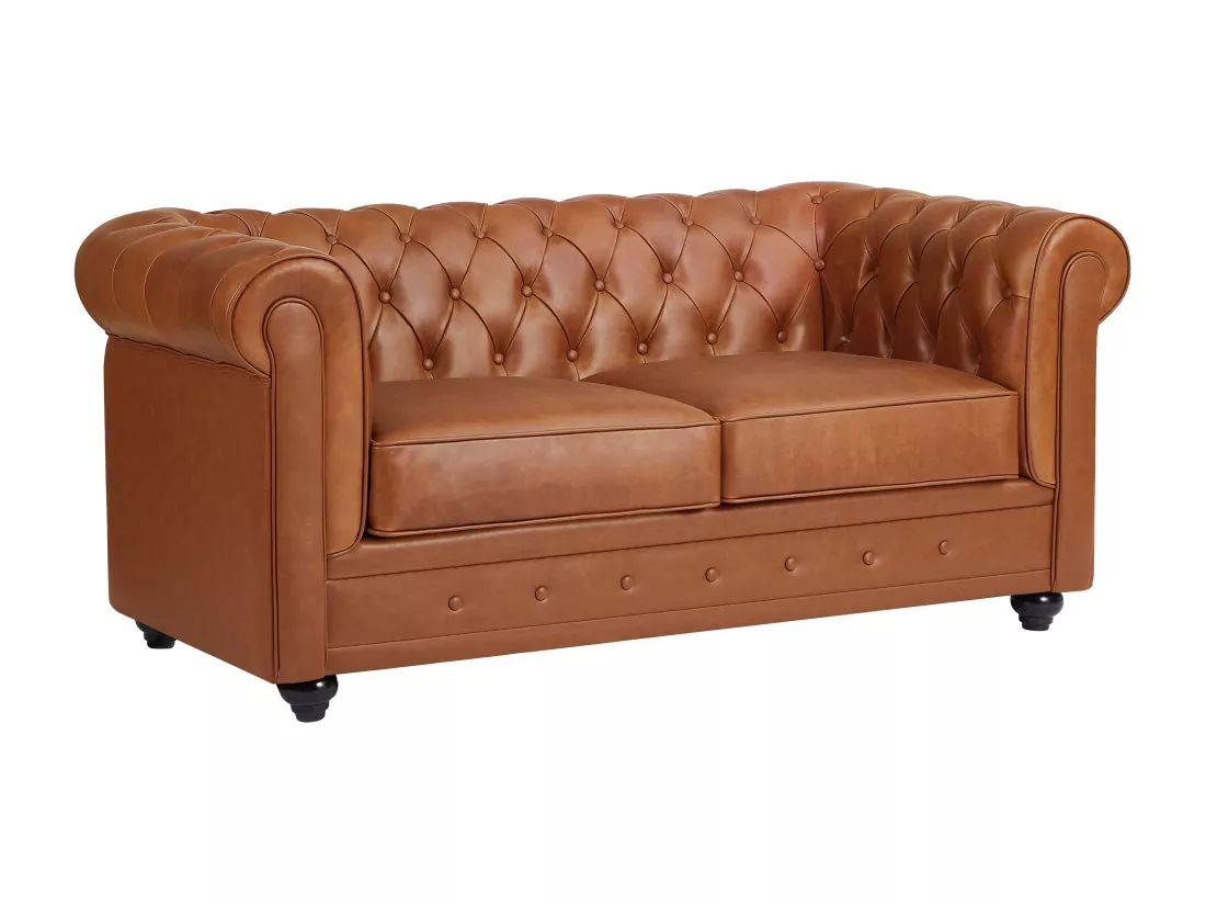 Canapé 2 places en cuir de vachette camel CHESTERFIELD