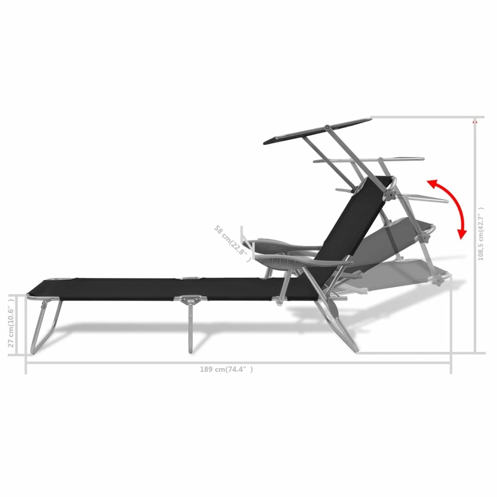 Transat chaise longue bain de soleil lit de jardin terrasse meuble d'extérieur 189 cm avec auvent acier noir