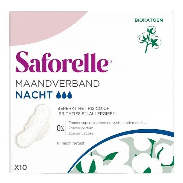 Absorventes noturnos de algodão orgânico Saforelle com abas, pacote com 10 unidades