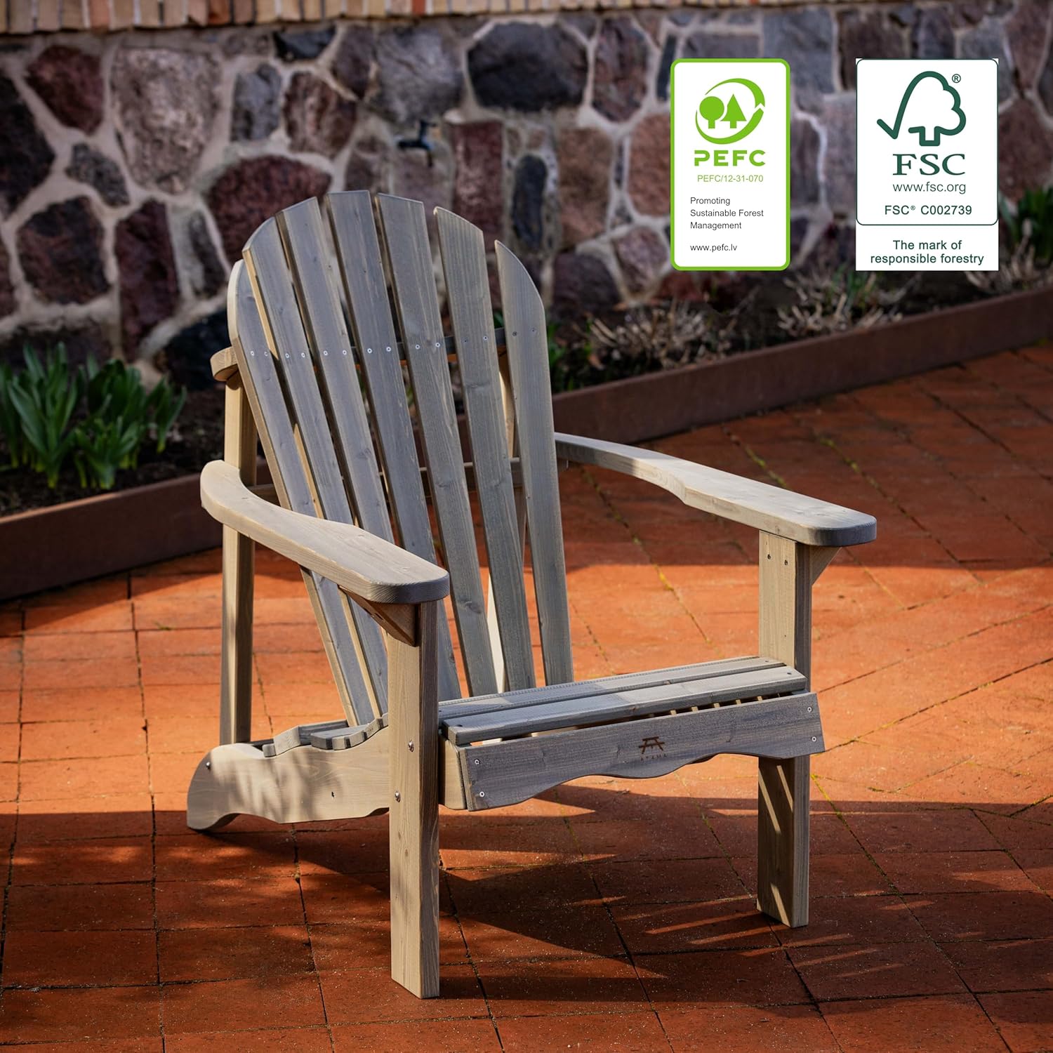 AMATA Single Adirondack Stuhl für Draußen, UNGURS Collection - Wetterfester Holzstuhl für Terrasse, Hinterhof und Garten Feuerstellen - Ergonomisch und Langlebig, Zeitloses Design (Grau)