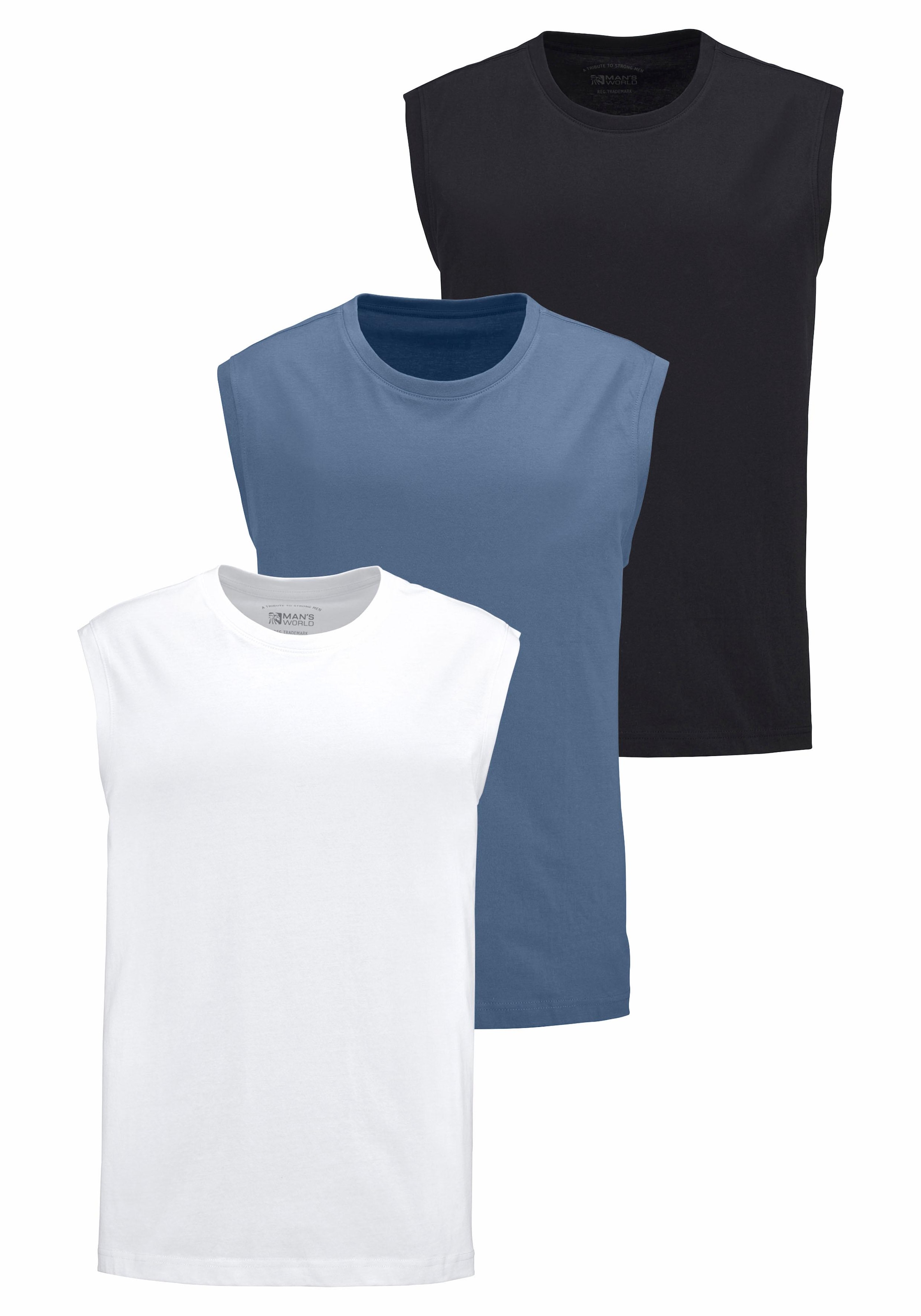 Man's World Muscleshirt, 3 Stk. ärmellos,  Basic-Stil,  unifarben,  Rundhalsausschnitt