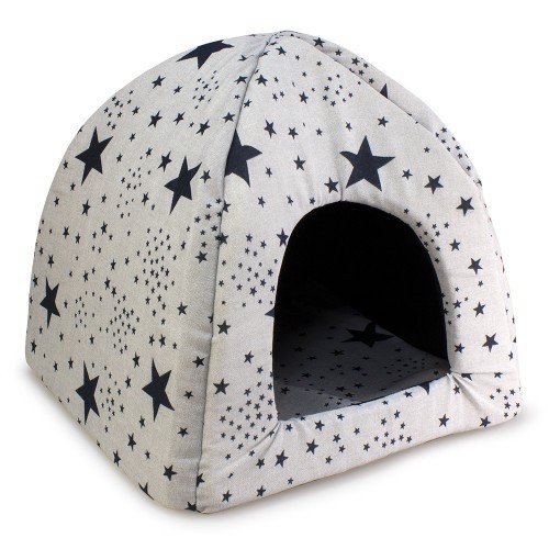 Cama em formato de iglu estrelado para cães e gatos, preta.