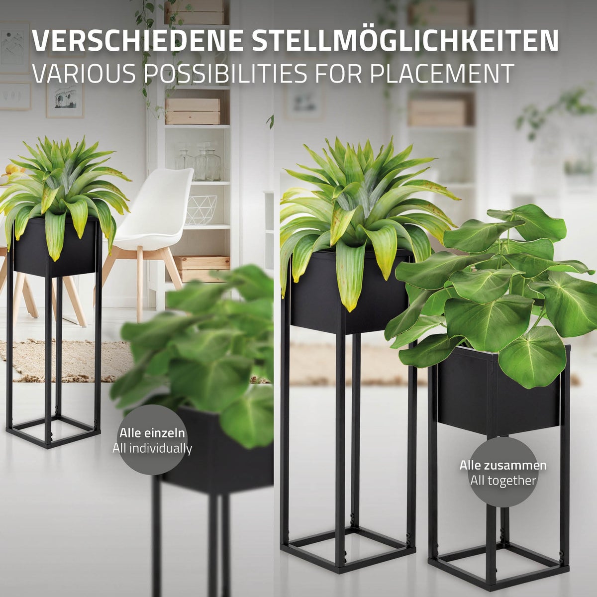 ML-Design Bloemenstandaards, Set van 2, Zwart, 21 x 50/70 x 21 cm, Moderne Bloempotstandaards met Plantenbak, Weerbestendige en Robuuste Metalen Plantenstandaards, 2-delige Bloempothouder, Decoratieve Plantenbak