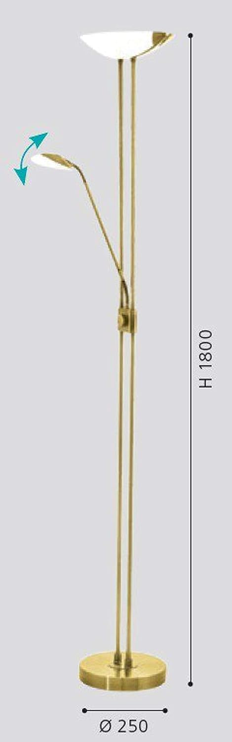 EGLO LED Stehlampe Baya LED, 2 flammige Stehleuchte dimmbar, Standleuchte aus Metall in Messing, Glas in Weiß, Wohnzimmerlampe, Deckenfluter mit Leselampe, warmweiß