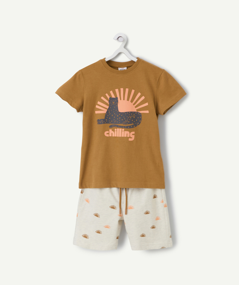 pyjama garçon en coton bio gris clair et camel motif léopard