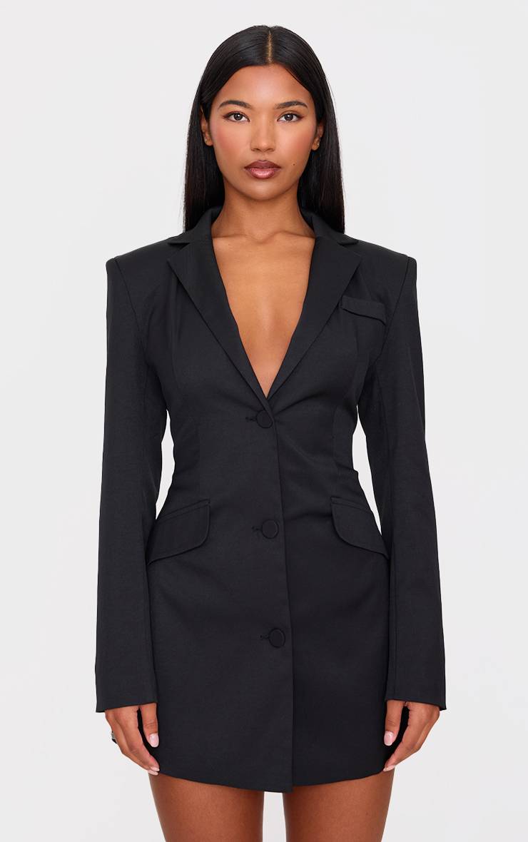 Noir Robe Blazer Cintrée À La Taille En Tissu Tissé