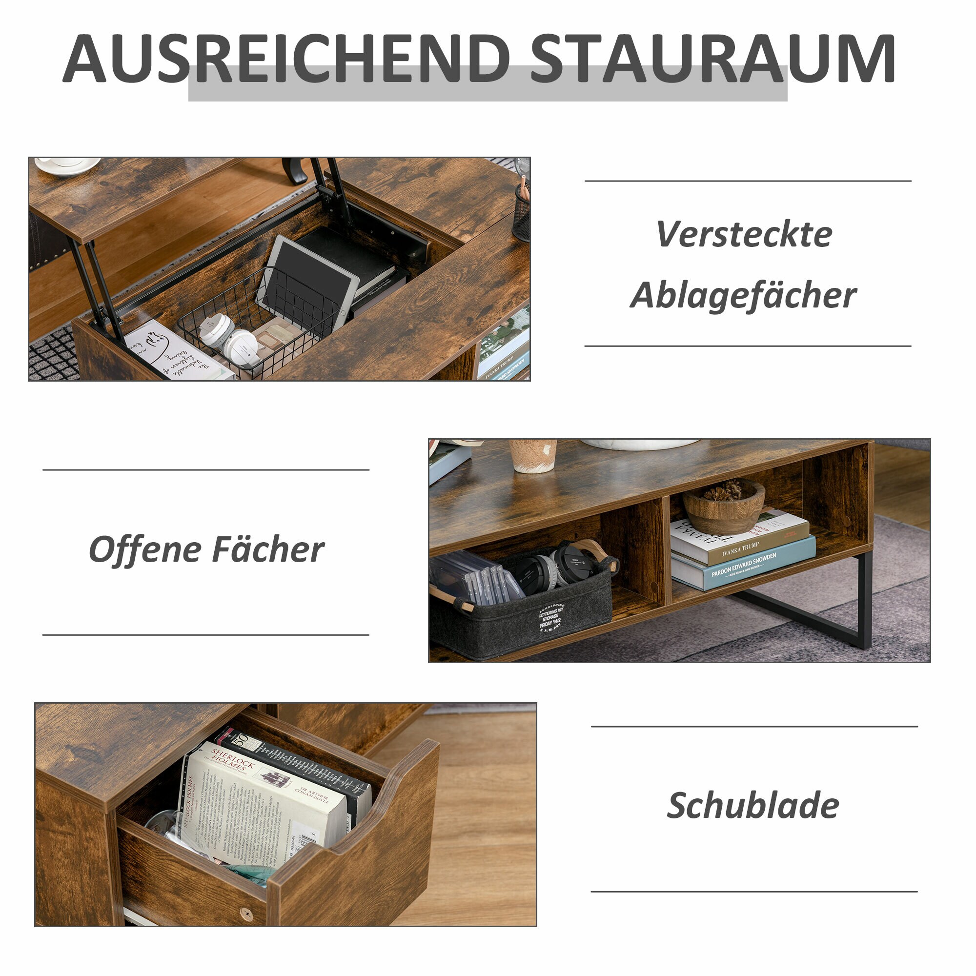 HOMCOM Couchtisch mit höhenverstellbarer Ablage braun 100 x 60 x 40 cm (BxTxH)