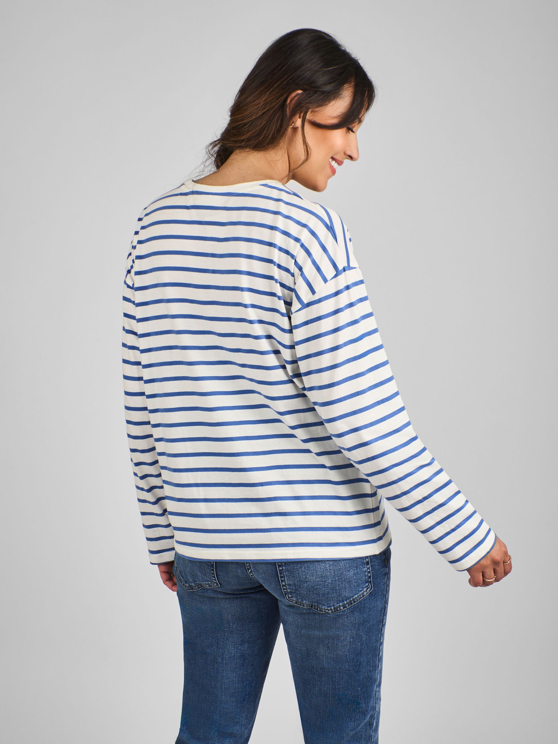 Blauw en crème - JoJo Maman Bébé Stripe Long Sleeve Boyfriend Maternity T-Shirt