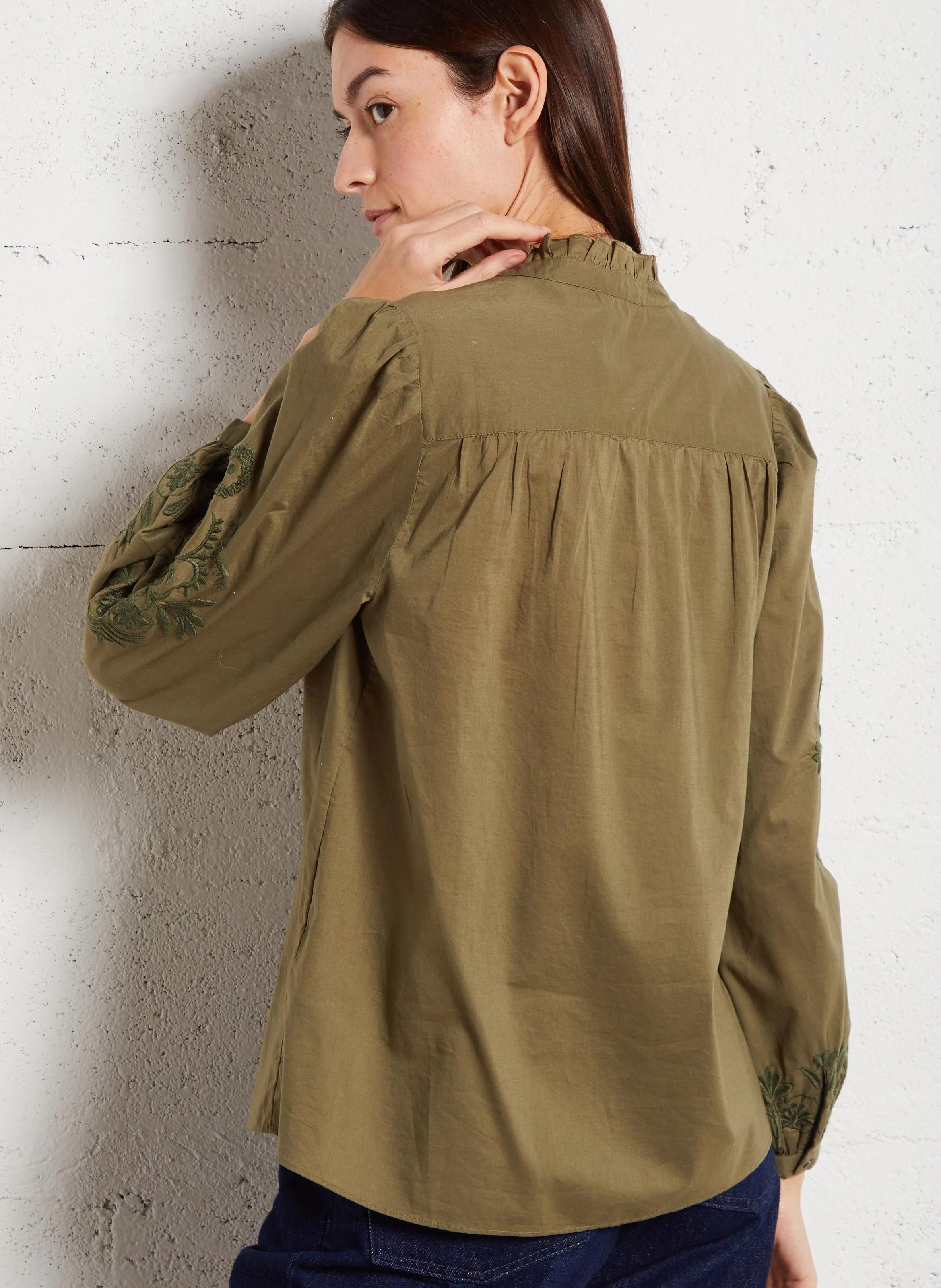 TEFITIS - Blouse col V ample en coton brodé | Vert