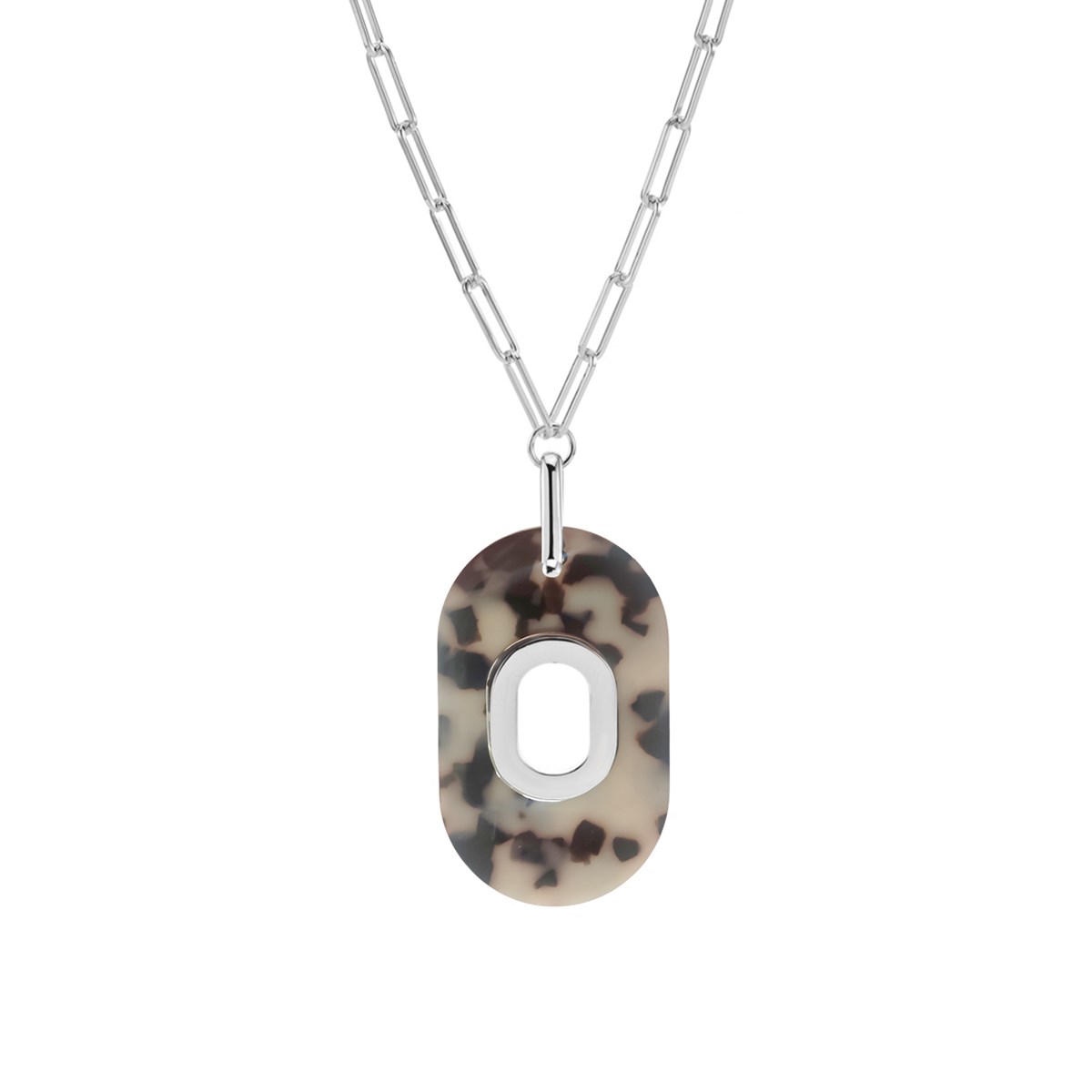 Collier En Argent Et Acétate Grise Médaillon Ovale