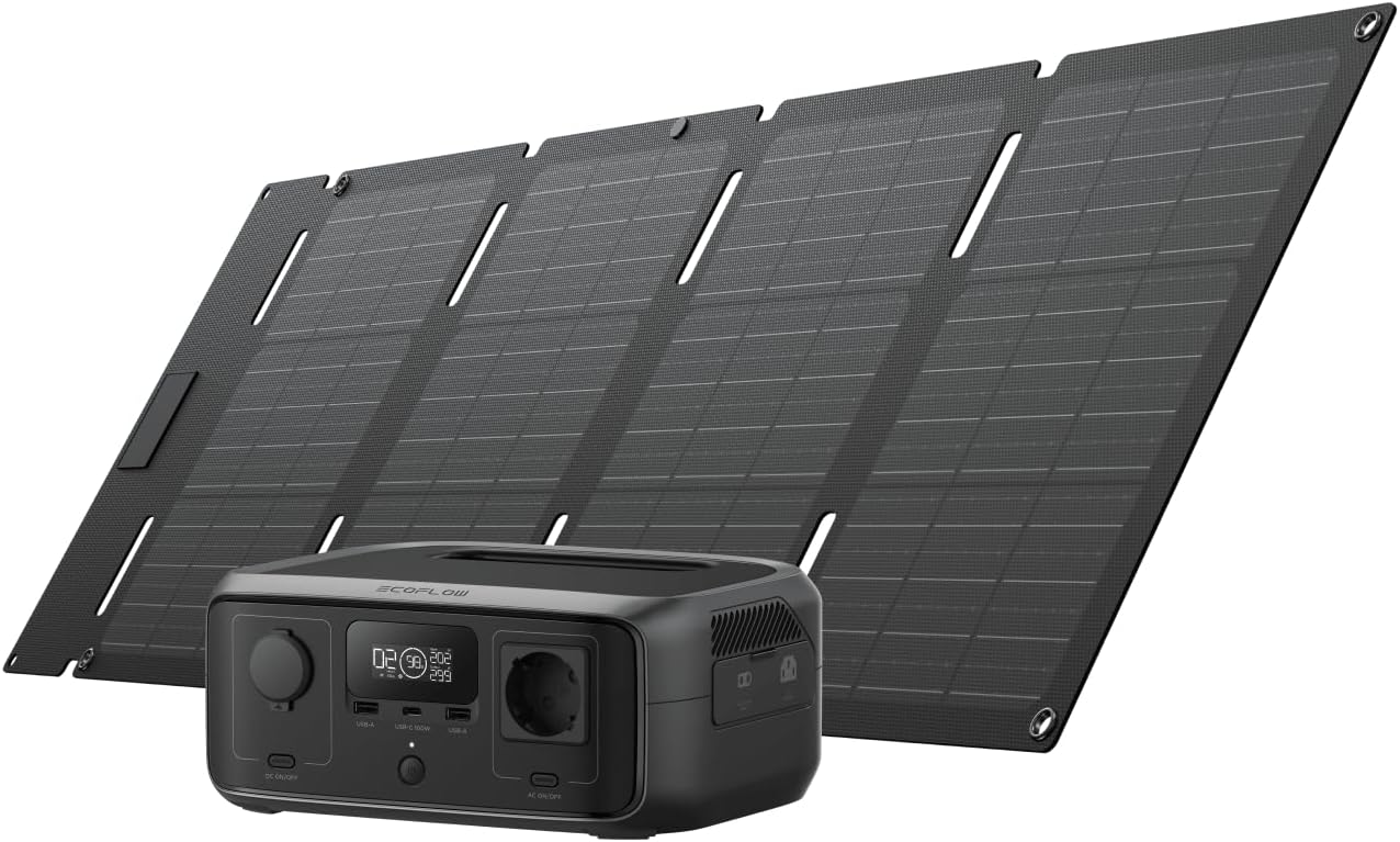 Générateur solaire portable EF EcoFlow RIVER 3 avec panneau solaire 45 W, 245 Wh de capacité, 600 W puissance de sortie, technologie GaN, temps de transfert de < 20ms, station électrique pour camping