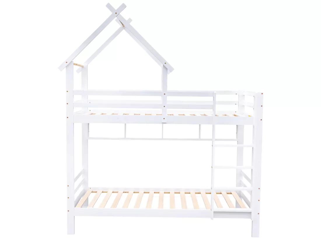 Lit superposé 2x90x200 cm avec tiroirs et étagères, cadre en pin, sommier inclus, blanc