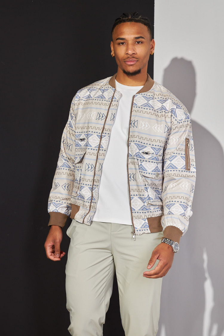 Bomber beige à motif aztèque tricolore