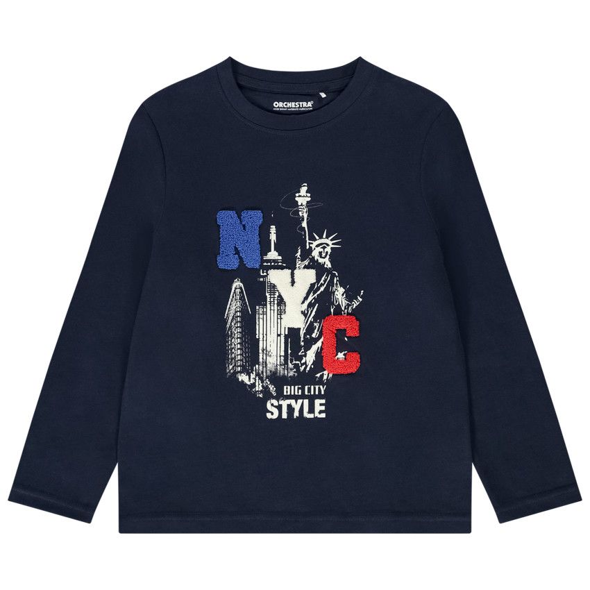 T-shirt manches longues patchs bouclettes NYC pour garçon - Bleu marine