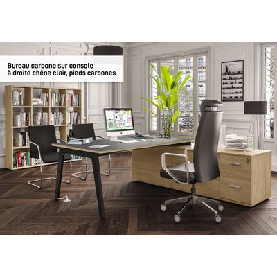 Bureau STEELY Manager - L180 x P100 x H72,5 cm - console retour à droite (2 tiroirs) L200 x P60 x H72,5 cm - pieds blanc - plateau imitation chêne gris