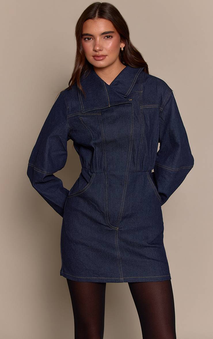 Bleu Indigo Robe Moulante En Sergé Avec Coutures Contrastées
