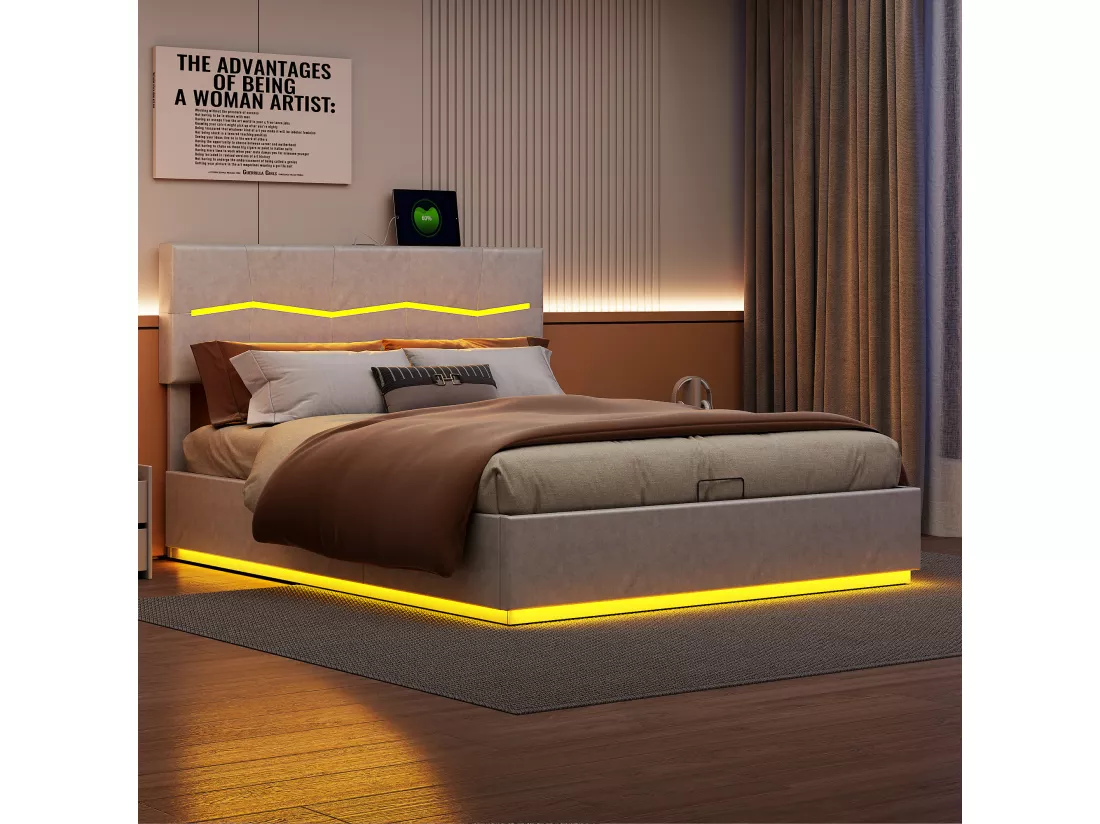 Lit coffre 160 x 200 cm avec éclairage LED et charge USB - hydraulique - Lit 2 Personnes - PU - Beige