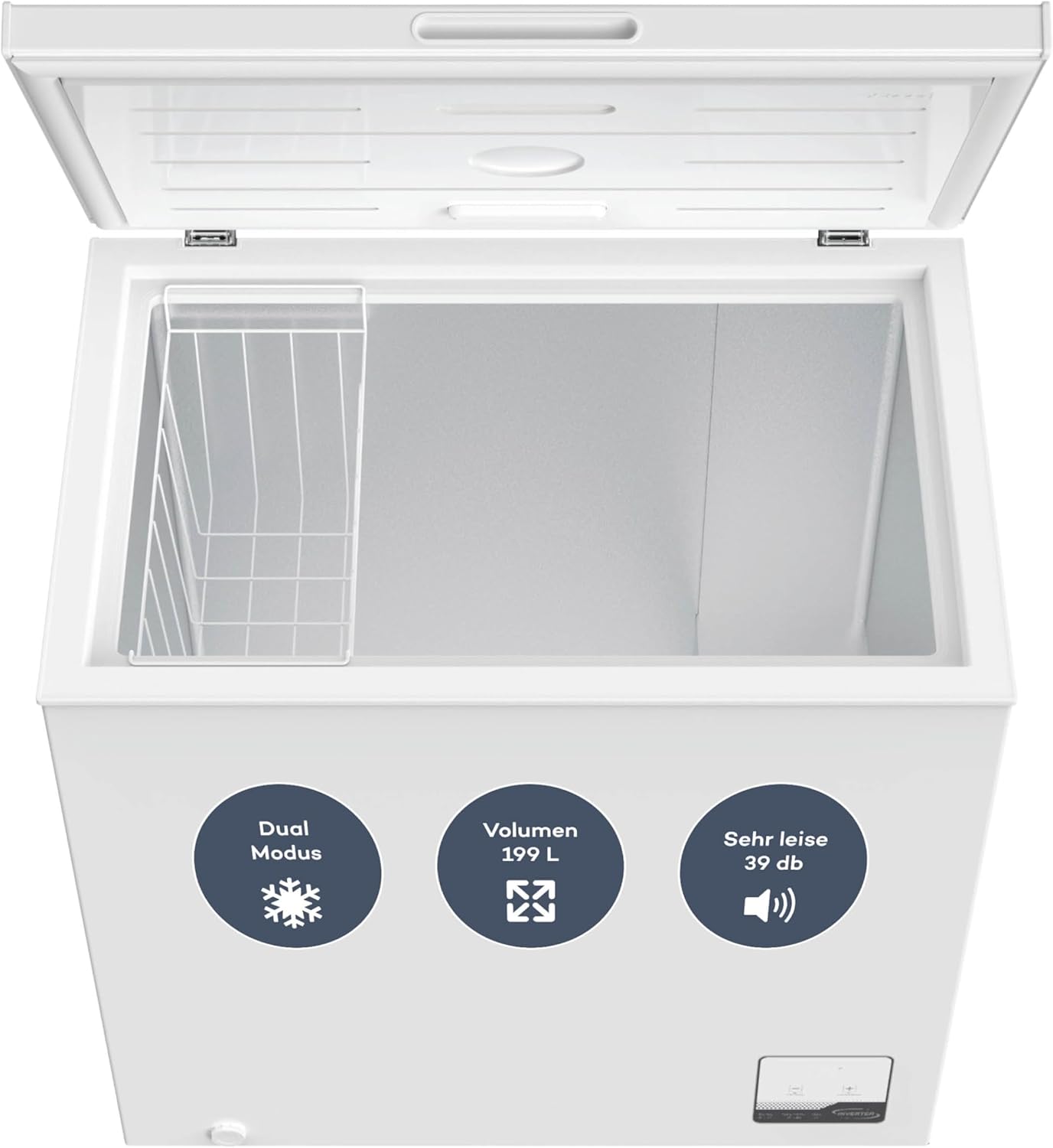 GT200S Gefriertruhe 199 L – Weiß – 83,5 x 82,3 x 55,6 cm – Energieklasse E – Schnellgefrieren – 39 dB – 200 kWh/Jahr – 4-Sterne-Kennzeichnung – Freistehend