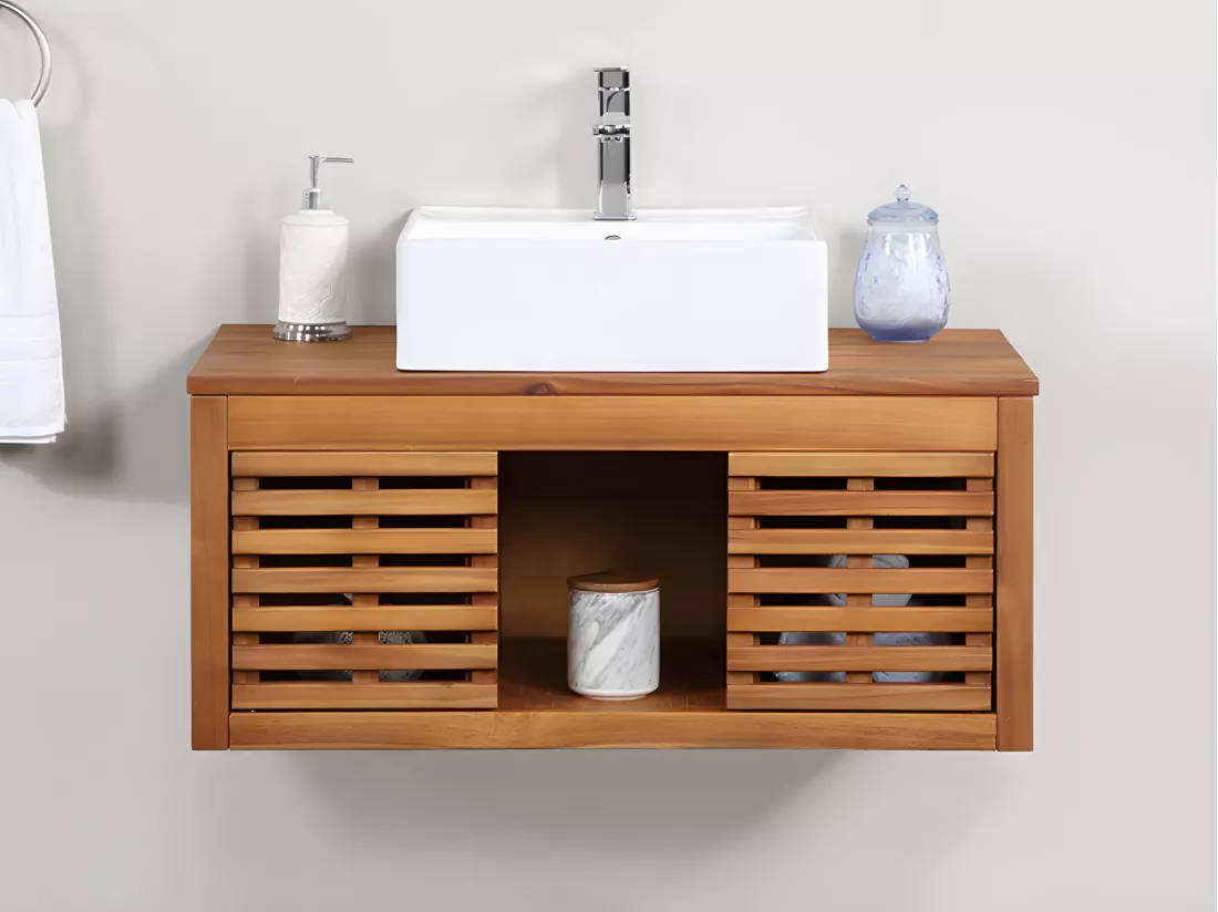 Meuble de salle de bain suspendu en bois d'acacia avec simple vasque - 90 cm - PENEBEL