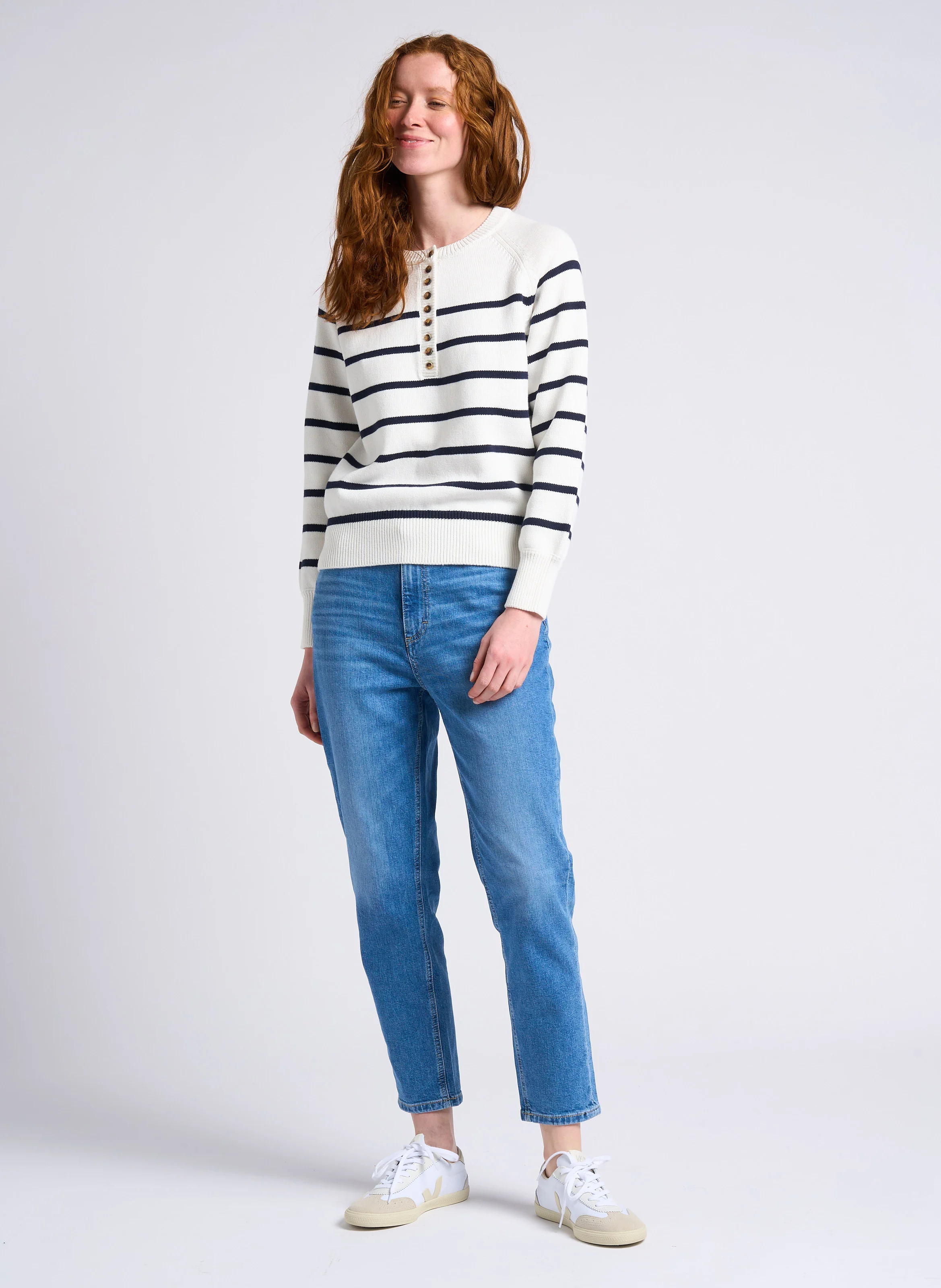 Jean mom-fit délavé taille haute en coton | Bleu