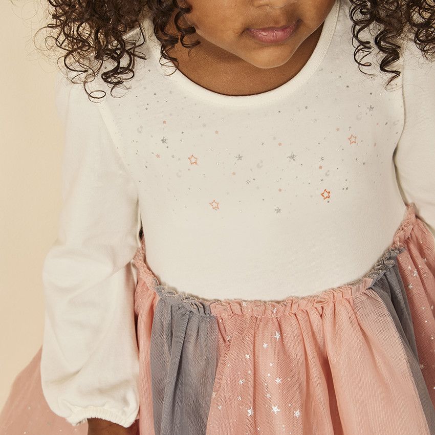 Ensemble 2 pièces robe avec tulle bicolore + bandeau pour bébé fille - Ecru