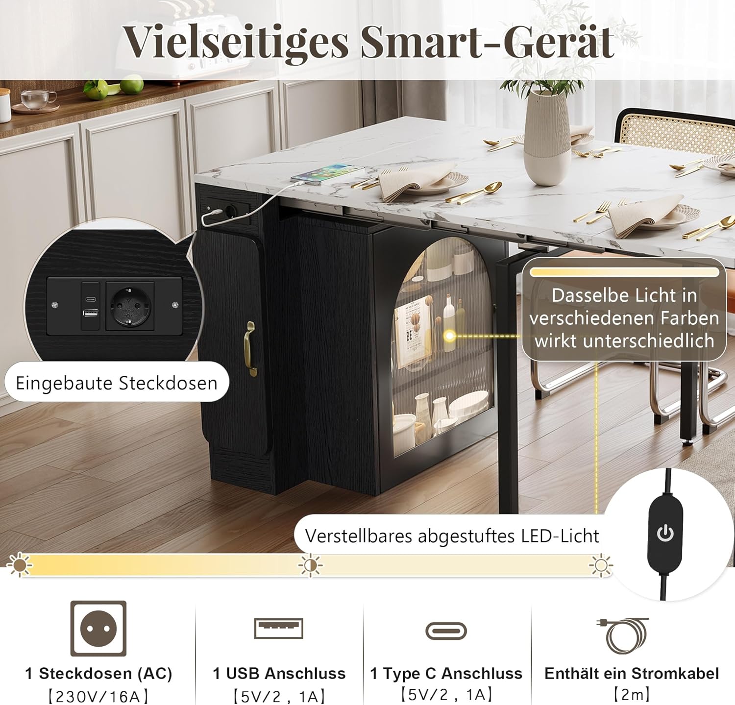 Kücheninsel mit Rollen, Ausziehbarer Esstisch mit Abnehmbarer Tischplatte, Mobile Servierwagen mit Steckdosenleisten, Sideboard oder Bartisch für Küche und Esszimmer (Schwarz)