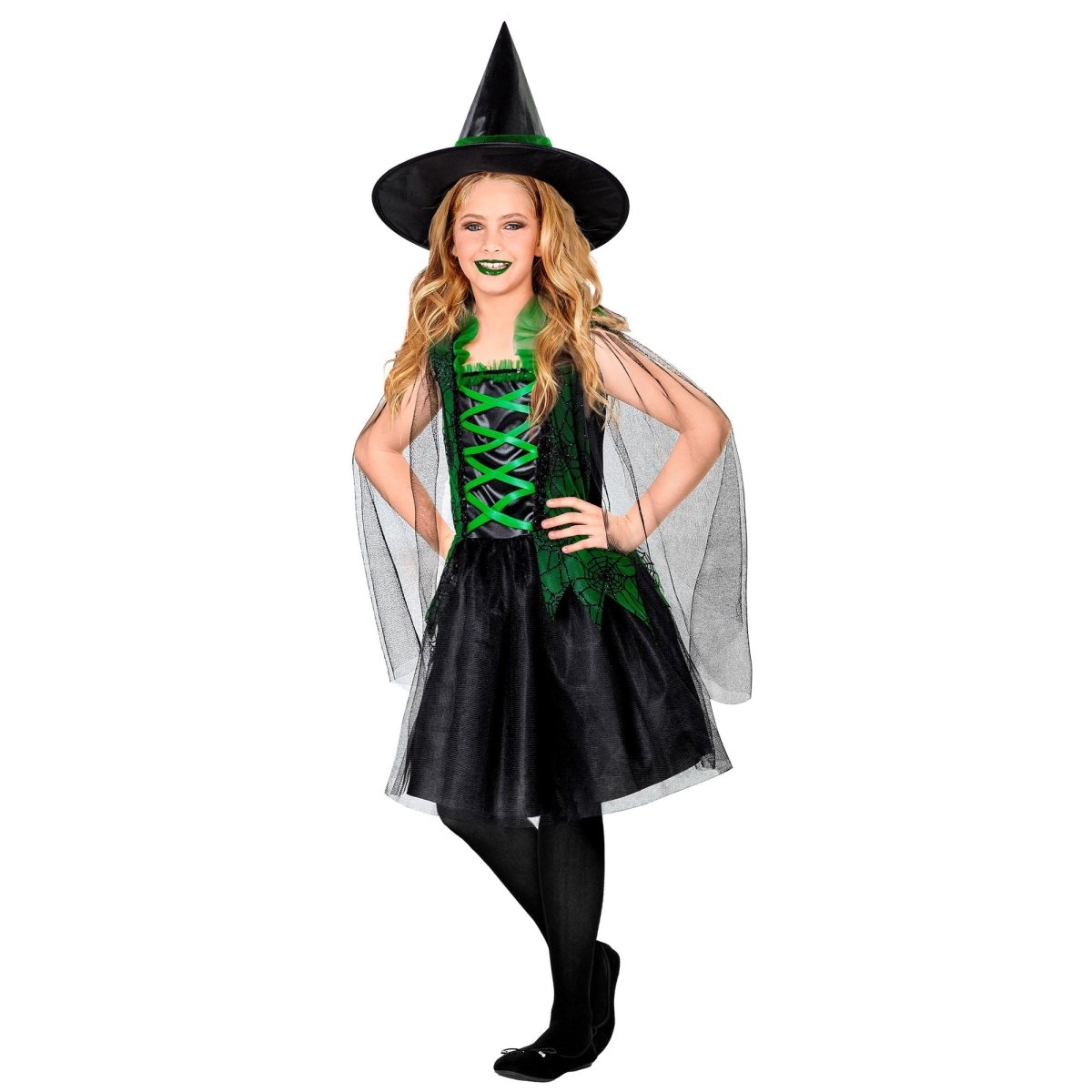 Halloween Jurk Zwart Groen Meisje Heks 2 delig