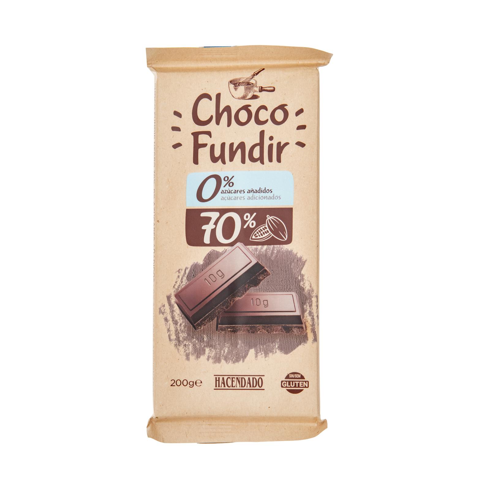 Chocolat noir Hacendado 70% cacao, fondable, 0% sucres ajoutés