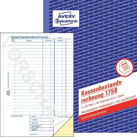 Avery Zweckform 1758 Kassenbestandsrechnung, A5, selbstdurchschreibend, 2x40 Blatt