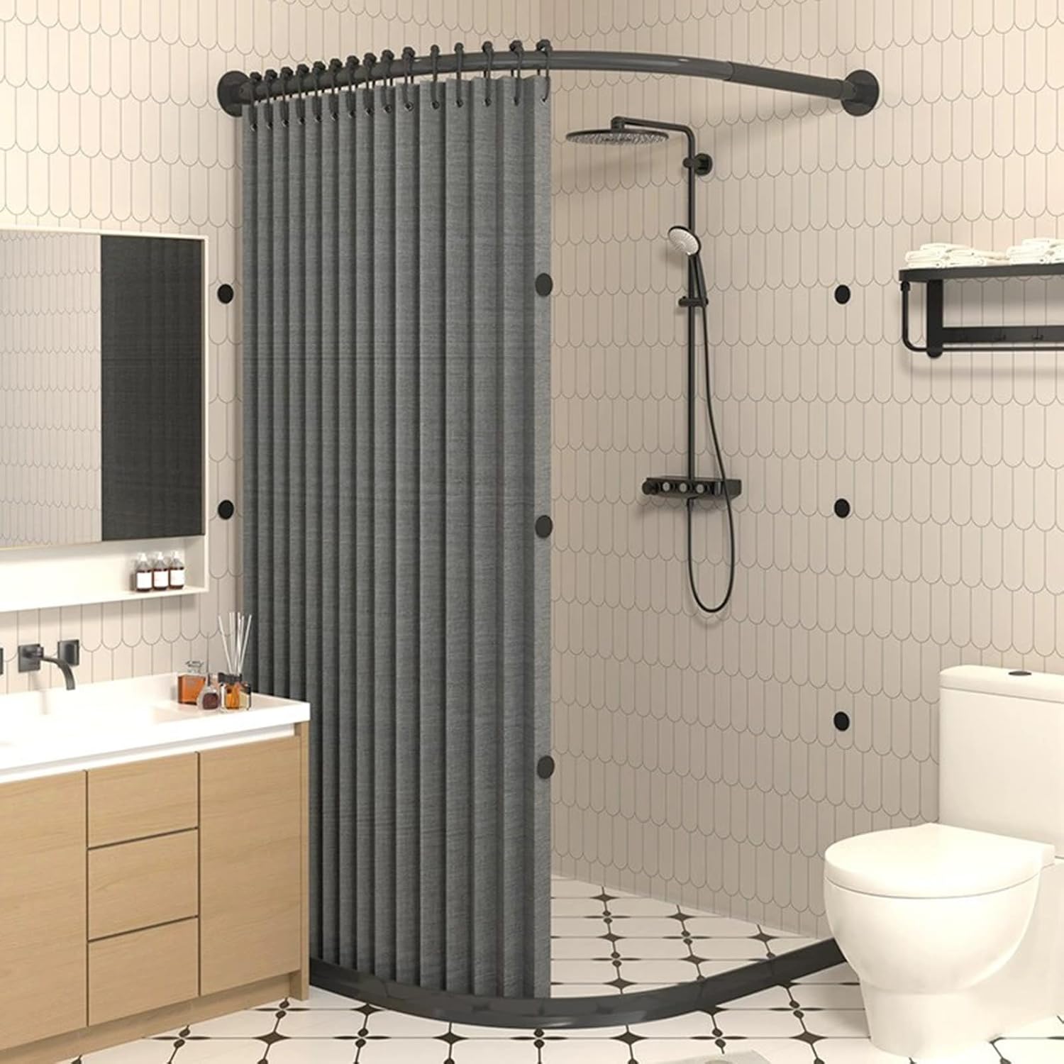 Gebogenes Duschvorhang-Set, magnetisch, faltbar, wasserdicht, Badezimmer-Trennwand mit gebogener Stange und Wasserspeicherstreifen, passend für X70~85cmxY70, ideal für kleine Räume