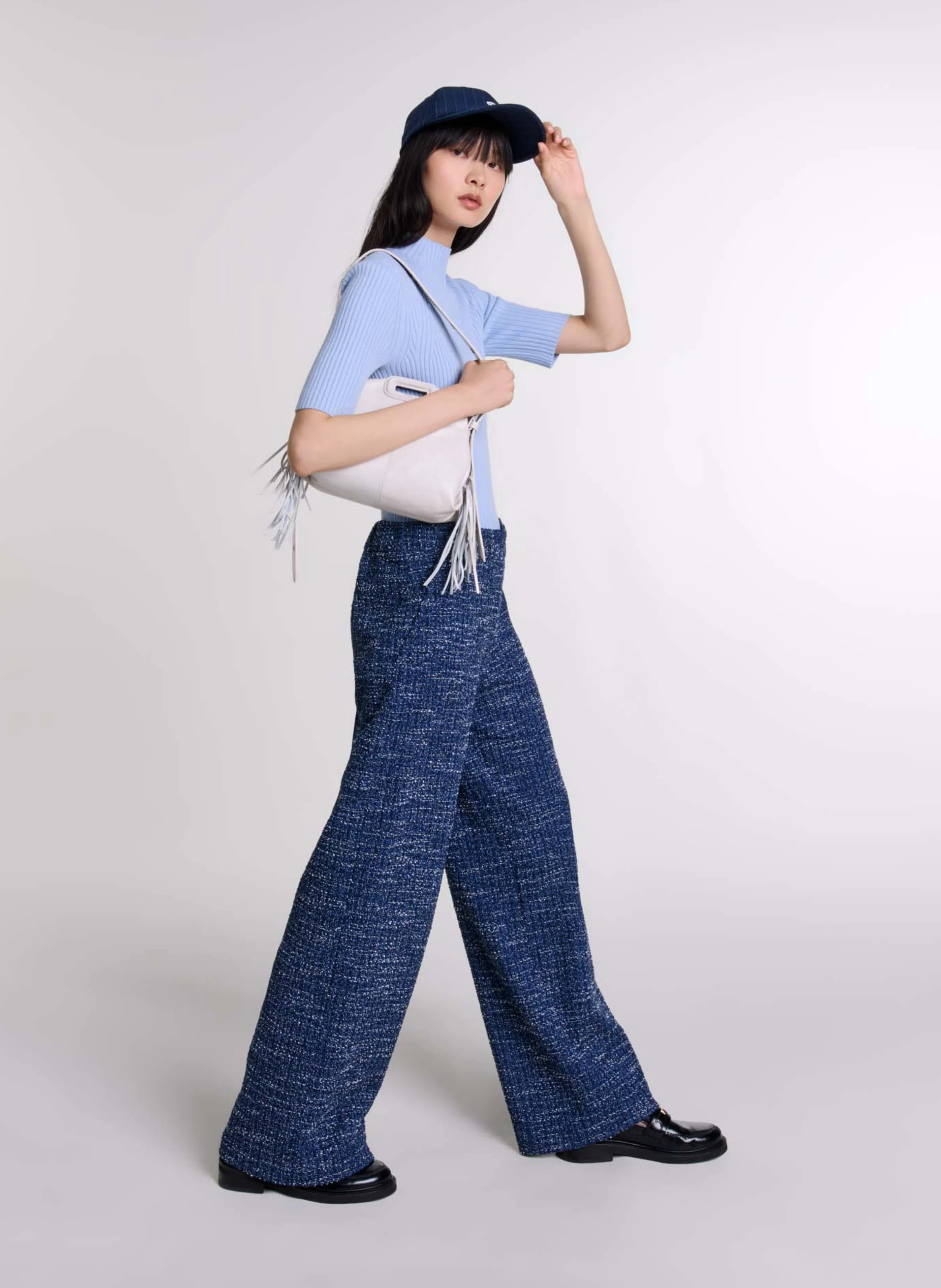 Pantalon large effet tweed en coton mélangé | Bleu
