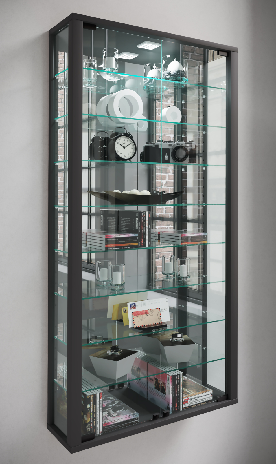 Wandvitrine VITROSA MAXI - schwarz - mit Rückwandspiegel - 59 cm