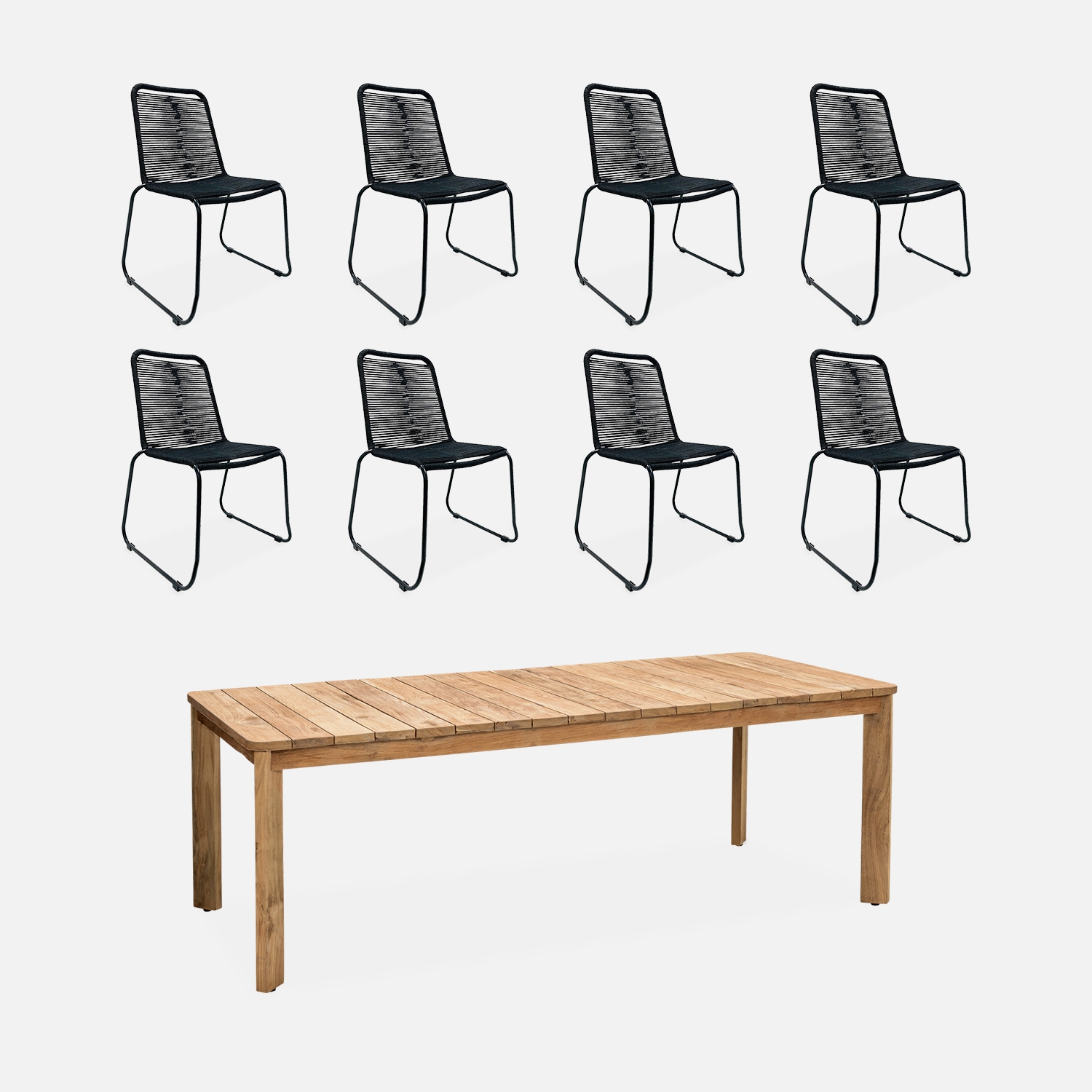Table intérieur/extérieur 8 places en teck recyclé. Jayapura. 220x100x76cm + 8 chaises en corde brasilia noir . Empilables